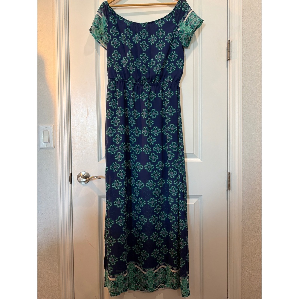 miami Navy Blue Teal Medallion Paisley Maxi Dress Short Sleeve Medium 29763fx